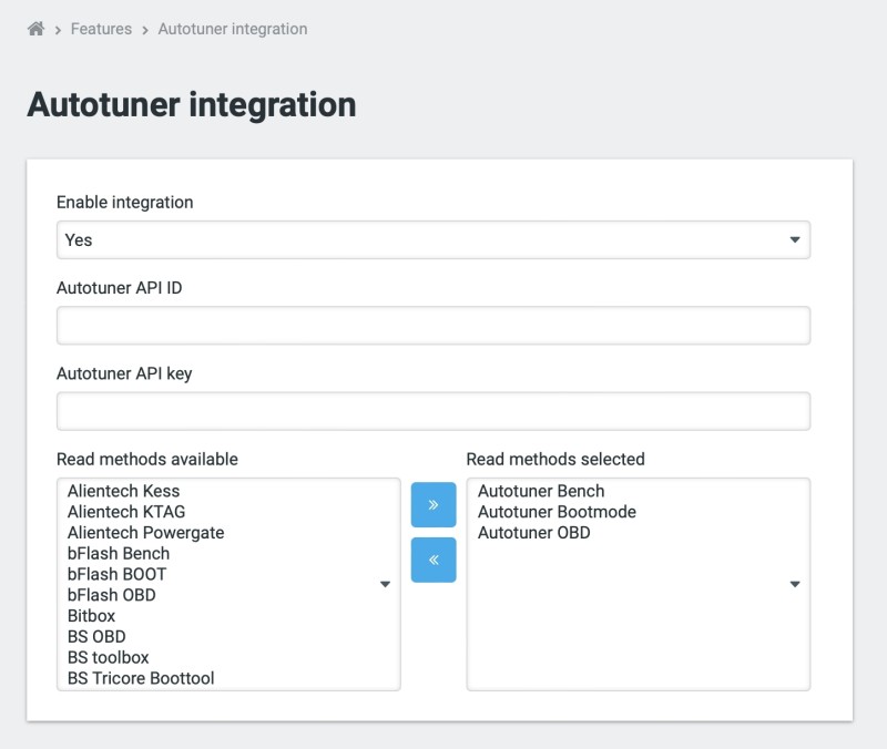 Autotuner integration settings page.
